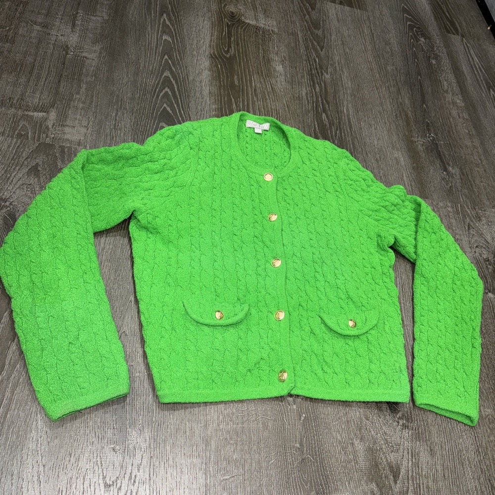 J. Crew Kelly Green Cable-Knit Gold Button Cardigan Sweater Preppy Crew Neck M